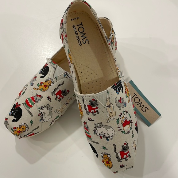 TOMS BELMONT SLIP - ON Christmas Holiday Cats Edition sneakers size 7.5 - Picture 1 of 9